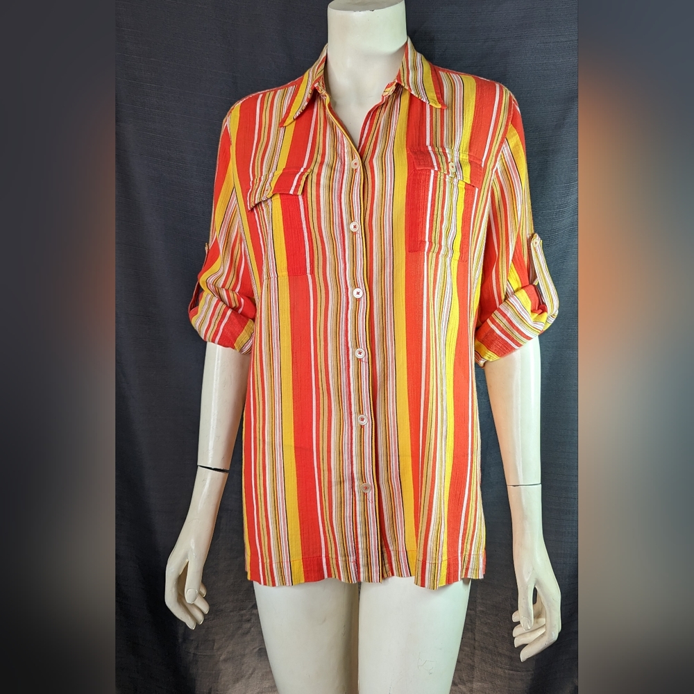 Orange Red Yellow Striped Blouse M Jones New York - Picture 6 of 16
